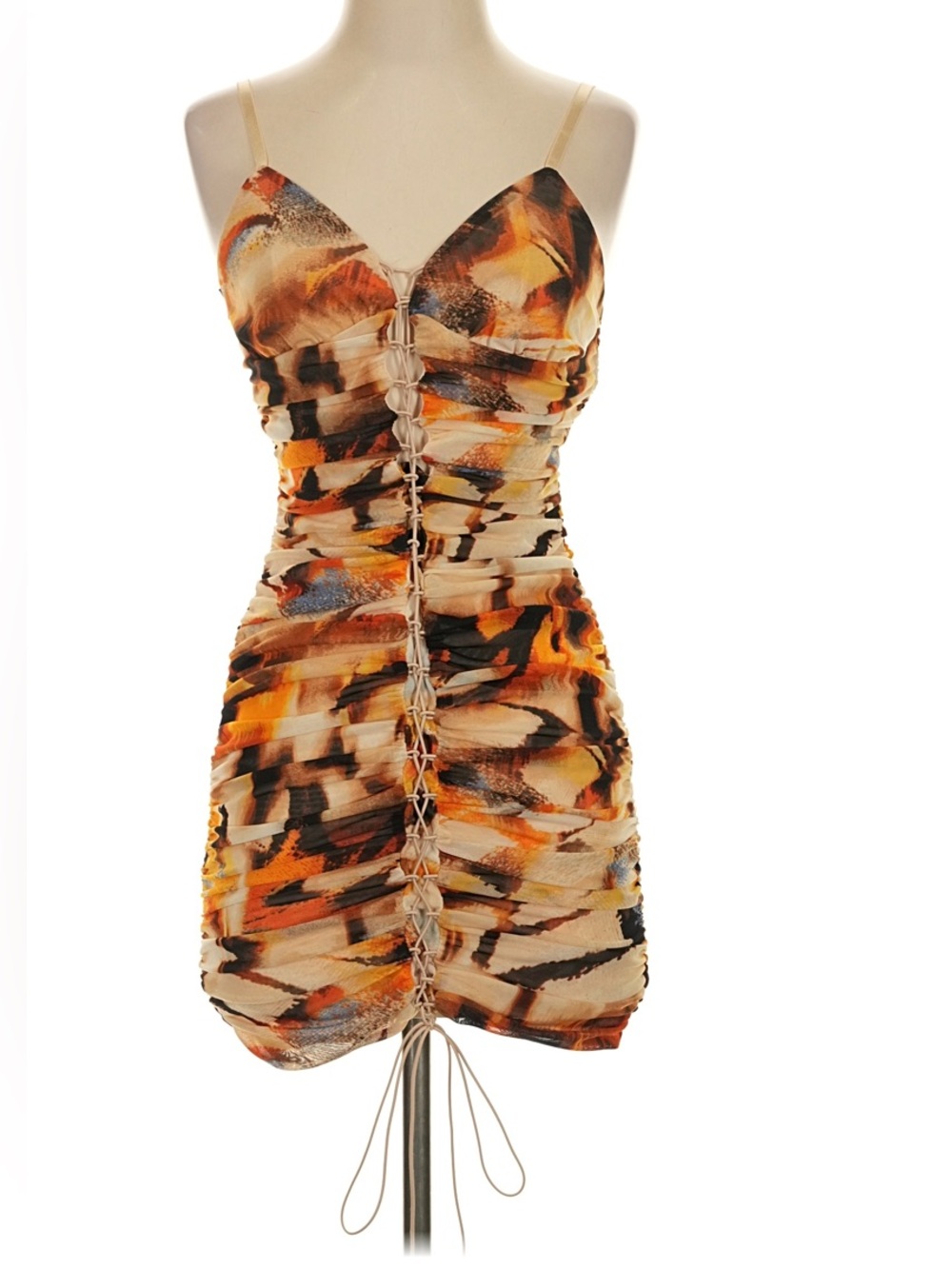 Forever 21 Orange, Black & Cream Ruched Lace-Up Mini Dress